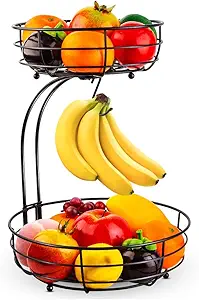 2-Tier Countertop Fruit Vegetables Basket Bowl Storage With Banana Hanger